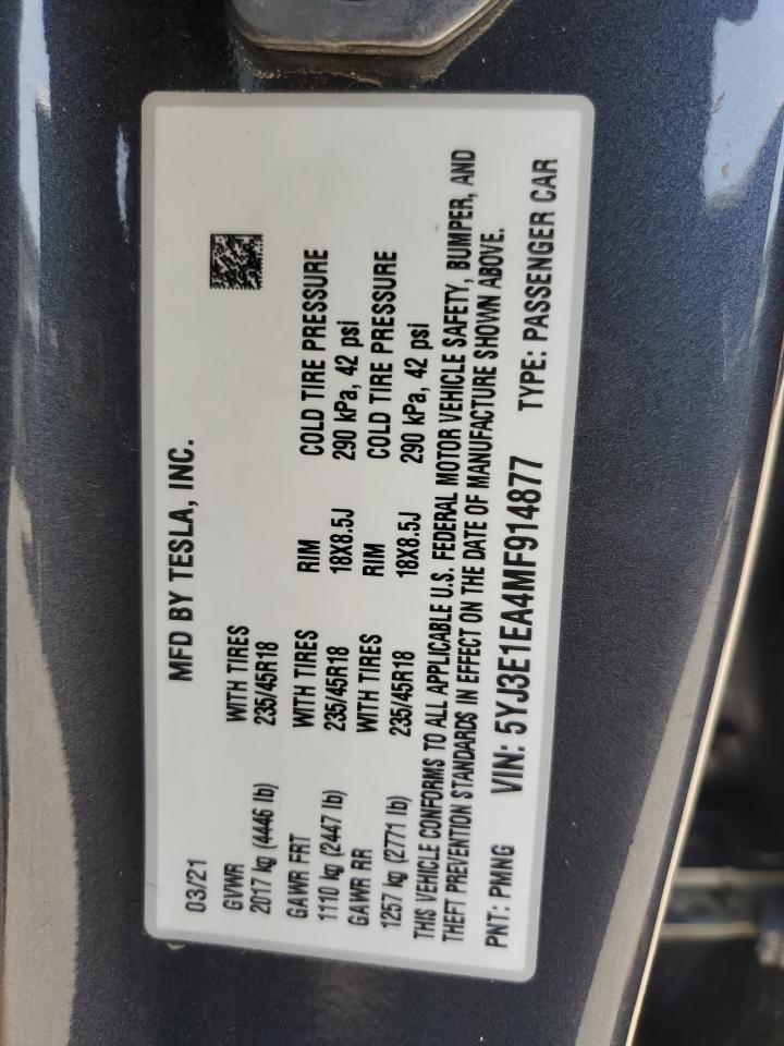 2021 Tesla Model 3 VIN: 5YJ3E1EA4MF914877 Lot: 56504805