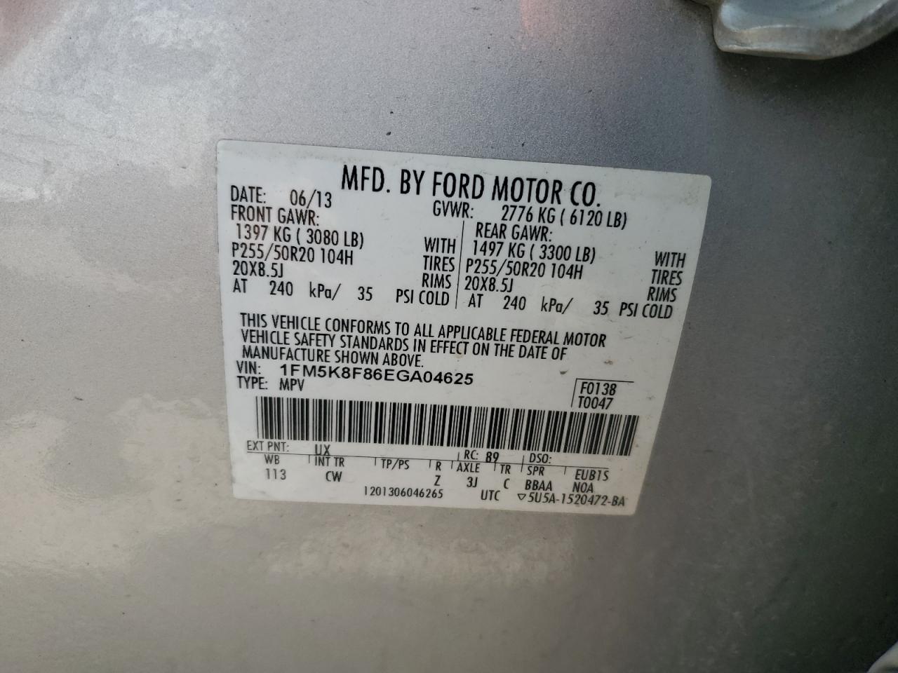 2014 Ford Explorer Limited VIN: 1FM5K8F86EGA04625 Lot: 59394205