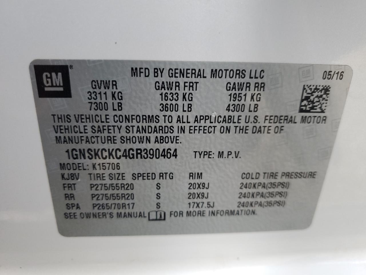 2016 Chevrolet Tahoe K1500 Ltz VIN: 1GNSKCKC4GR390464 Lot: 55844355