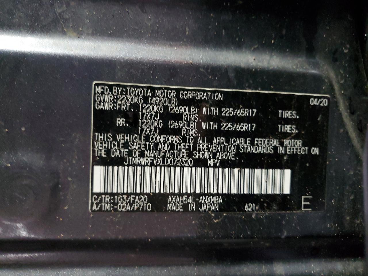 2020 Toyota Rav4 Xle VIN: JTMRWRFVXLD072320 Lot: 57258705