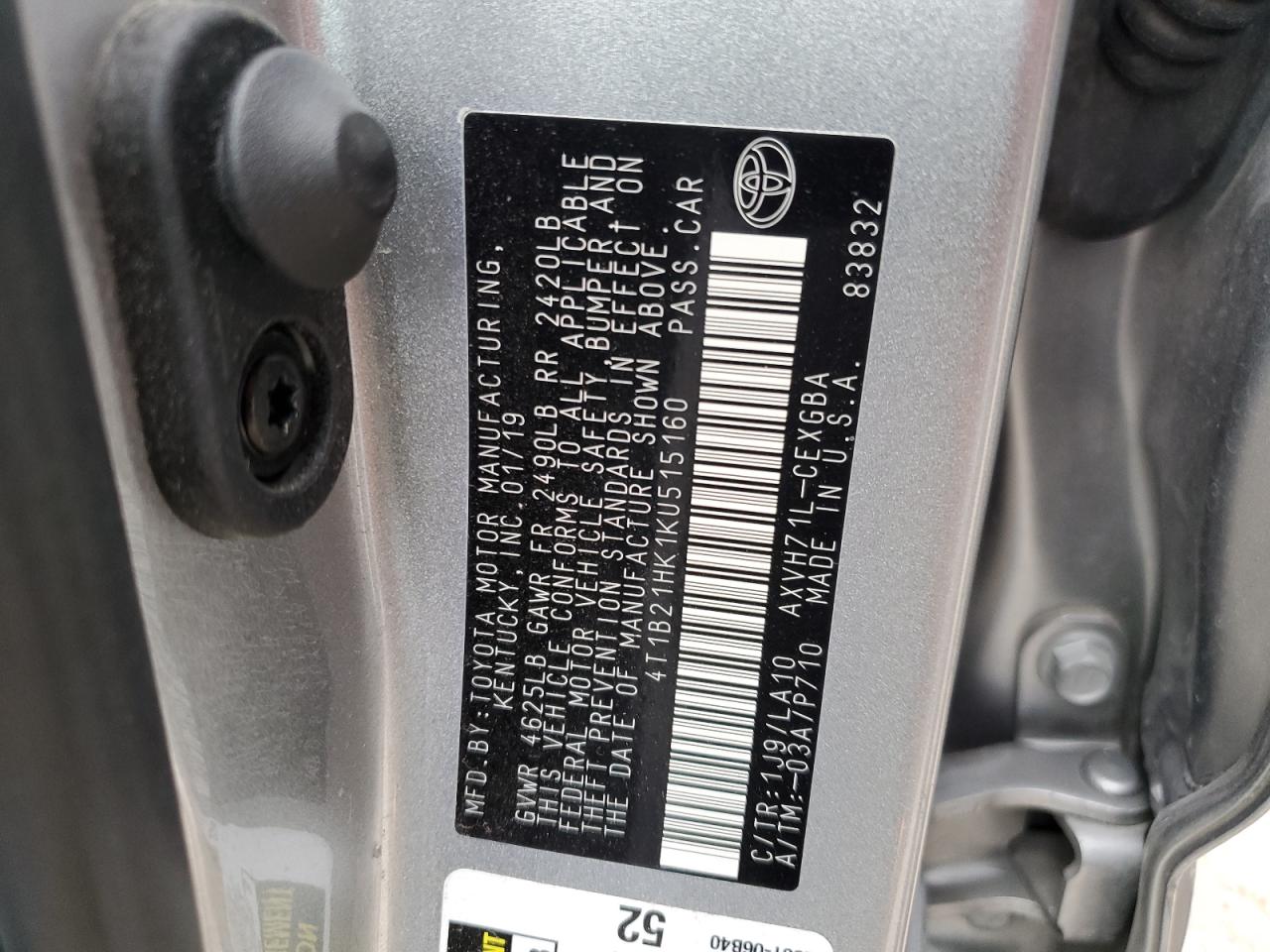 2019 Toyota Camry Hybrid VIN: 4T1B21HK1KU515160 Lot: 58166165