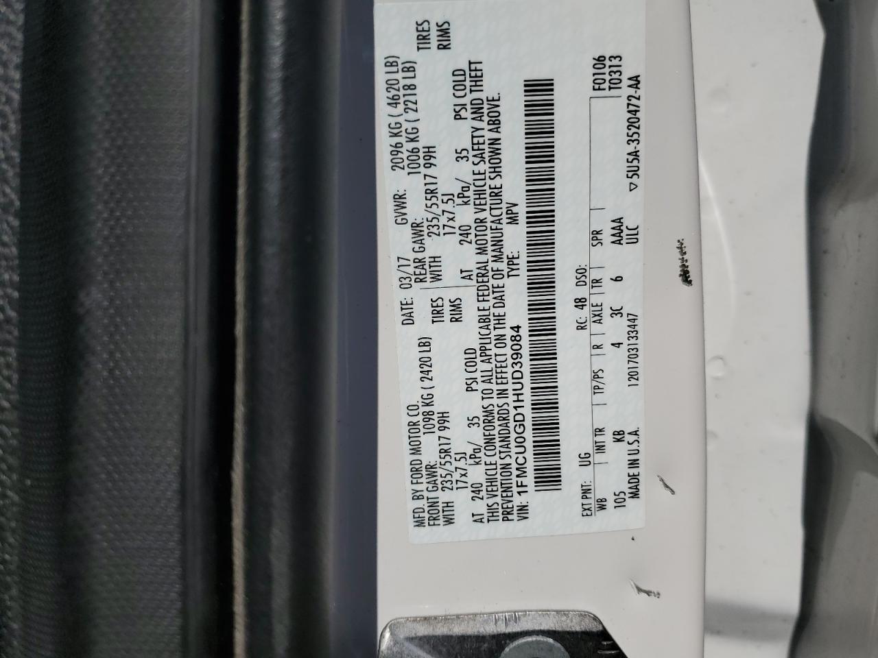 2017 Ford Escape Se VIN: 1FMCU0GD1HUD39084 Lot: 56490695
