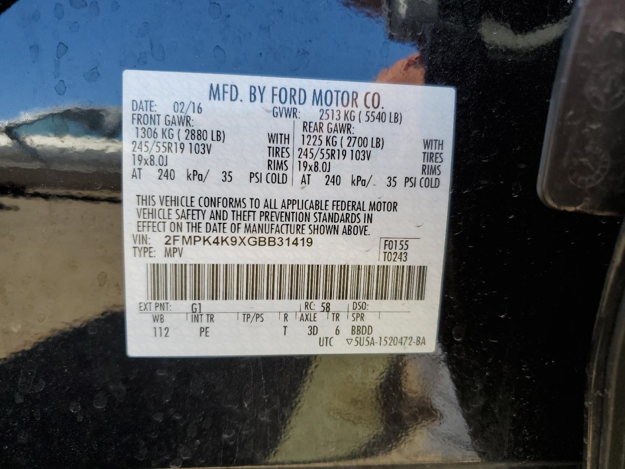 2016 Ford Edge Titanium VIN: 2FMPK4K9XGBB31419 Lot: 57178005