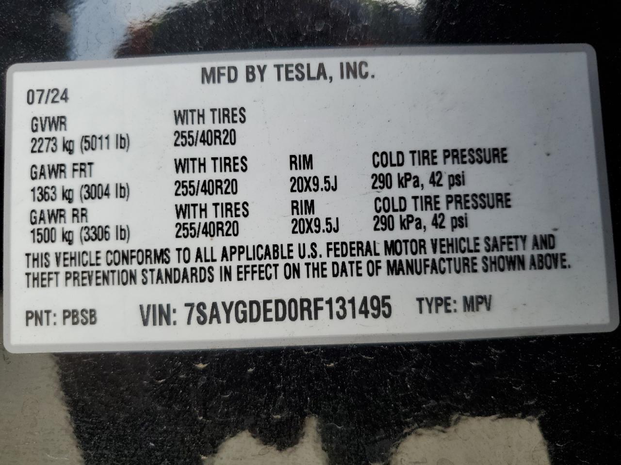 2024 Tesla Model Y VIN: 7SAYGDED0RF131495 Lot: 56849765