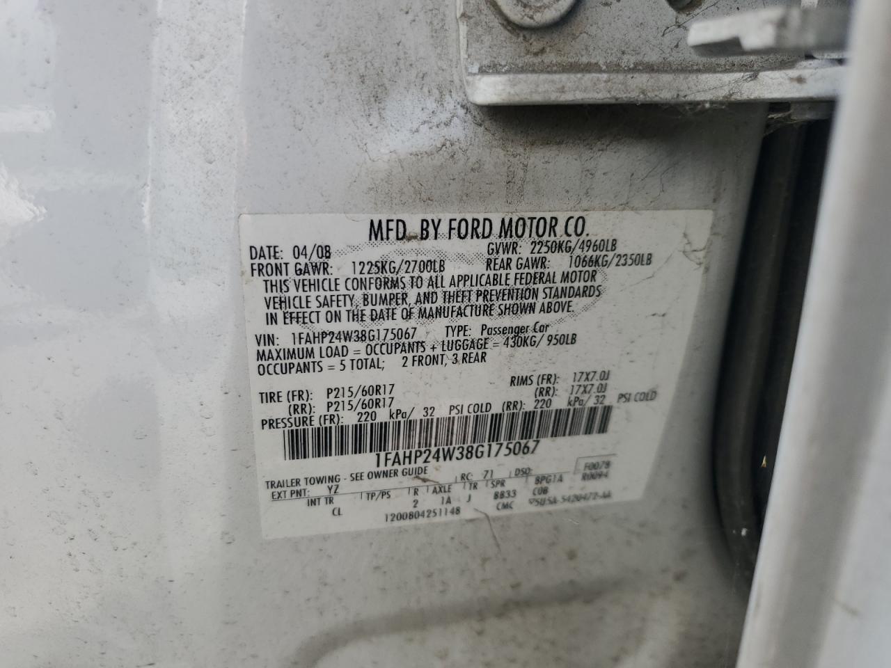 2008 Ford Taurus Sel VIN: 1FAHP24W38G175067 Lot: 57439105