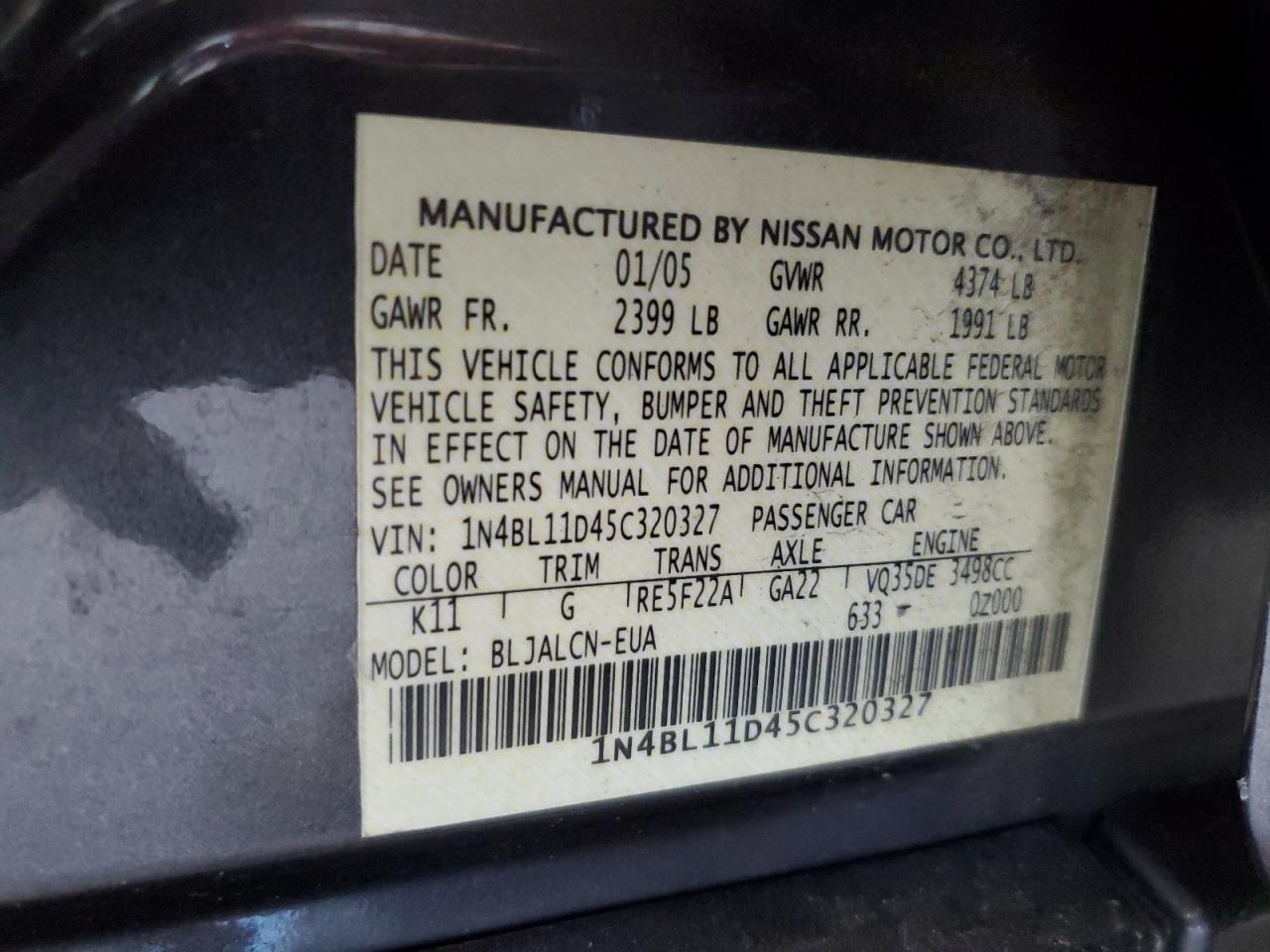 2005 Nissan Altima Se VIN: 1N4BL11D45C320327 Lot: 58728945