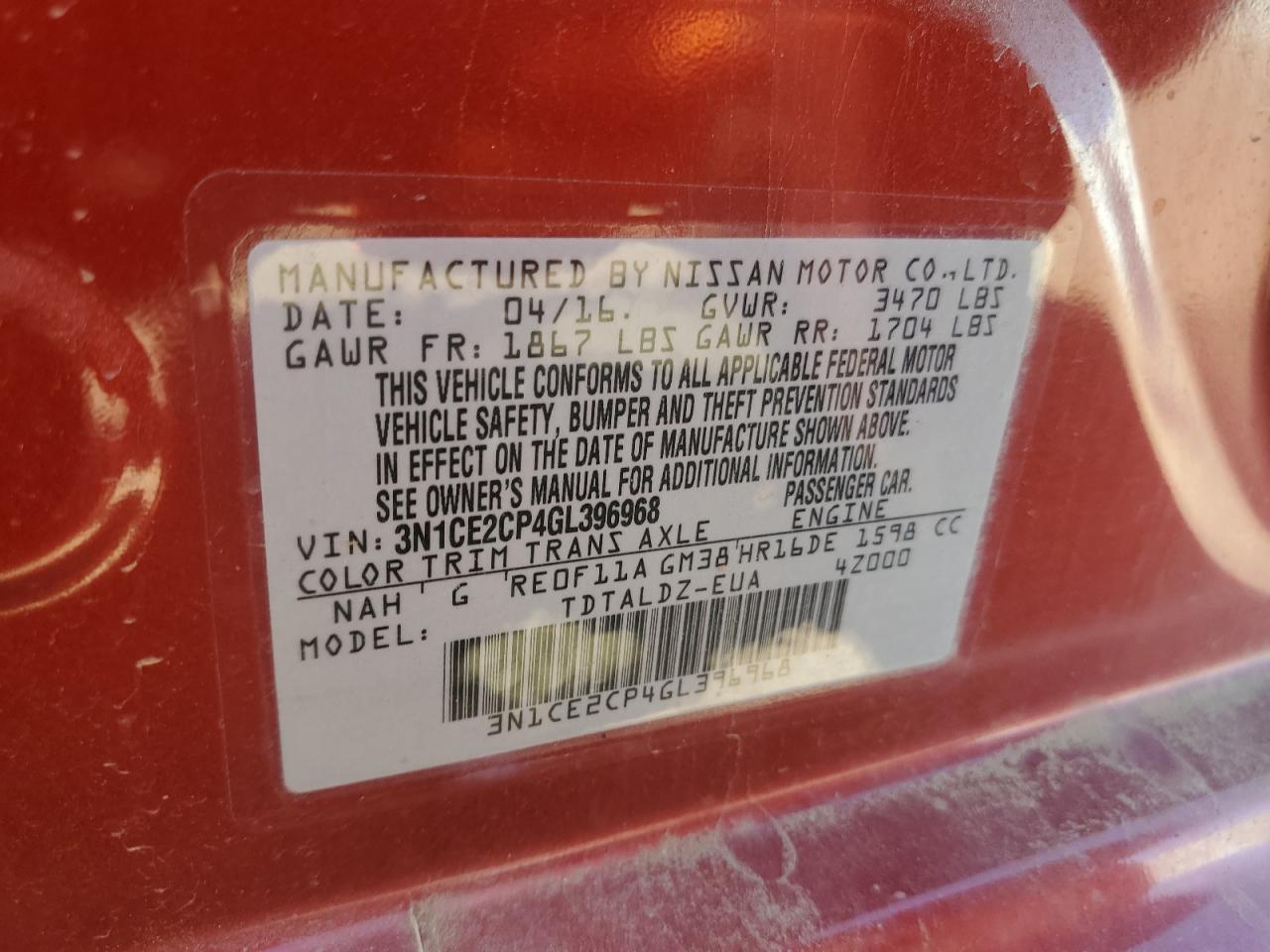 2016 Nissan Versa Note S VIN: 3N1CE2CP4GL396968 Lot: 56852515