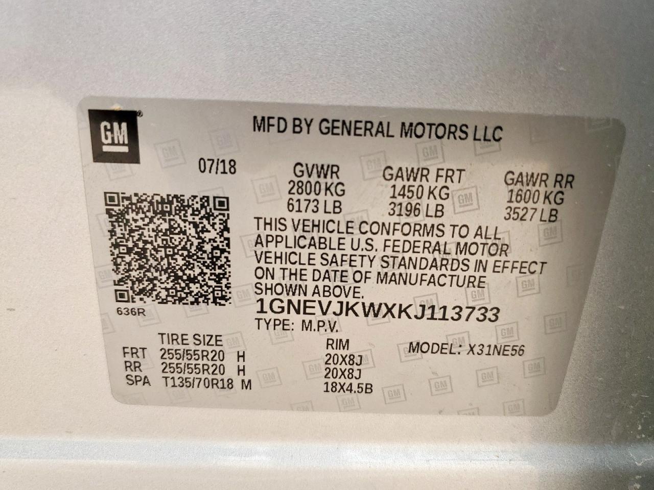 2019 Chevrolet Traverse High Country VIN: 1GNEVJKWXKJ113733 Lot: 58427725