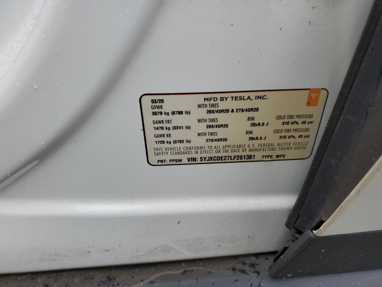 2020 Tesla Model X VIN: 5YJXCDE27LF261381 Lot: 58002965