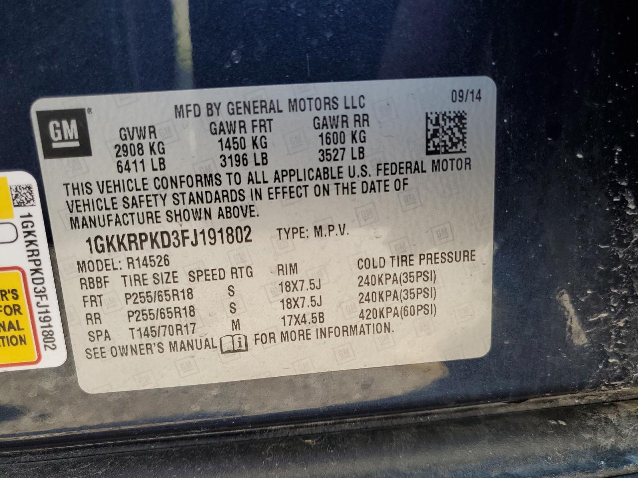 2015 GMC Acadia Sle VIN: 1GKKRPKD3FJ191802 Lot: 57221885