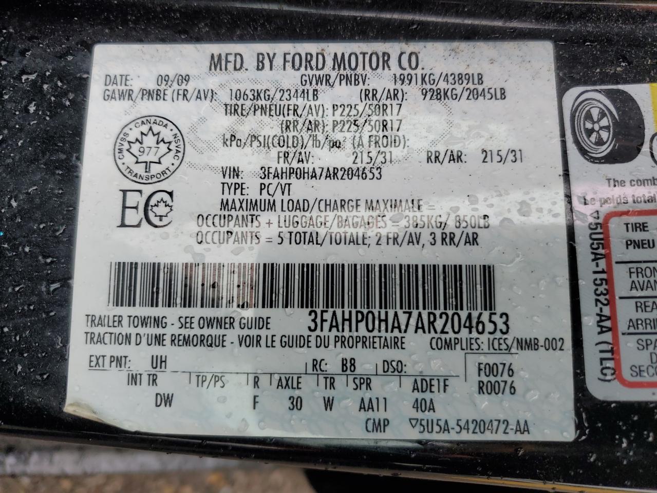 2010 Ford Fusion Se VIN: 3FAHP0HA7AR204653 Lot: 57690425