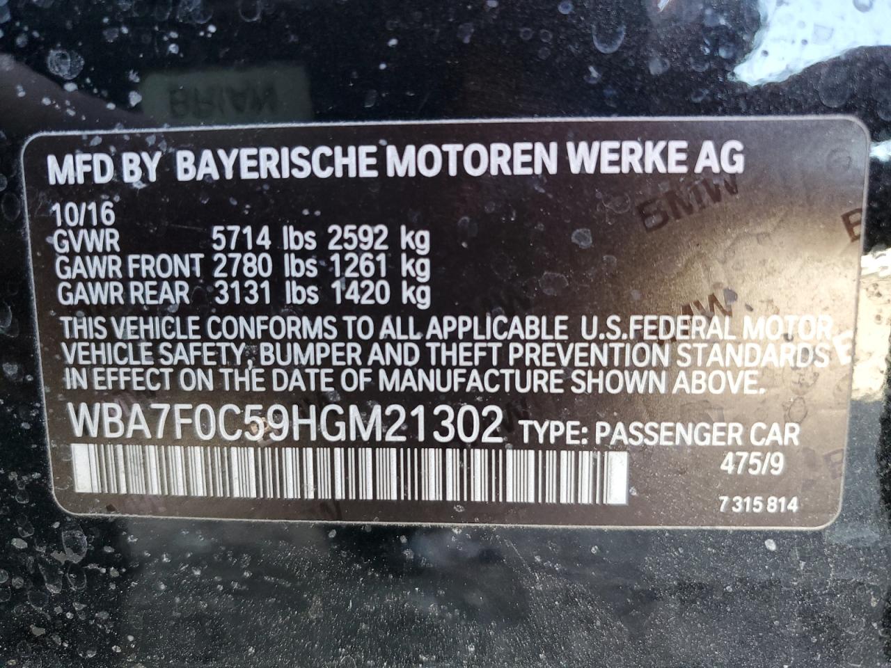 2017 BMW 750 I VIN: WBA7F0C59HGM21302 Lot: 58413185