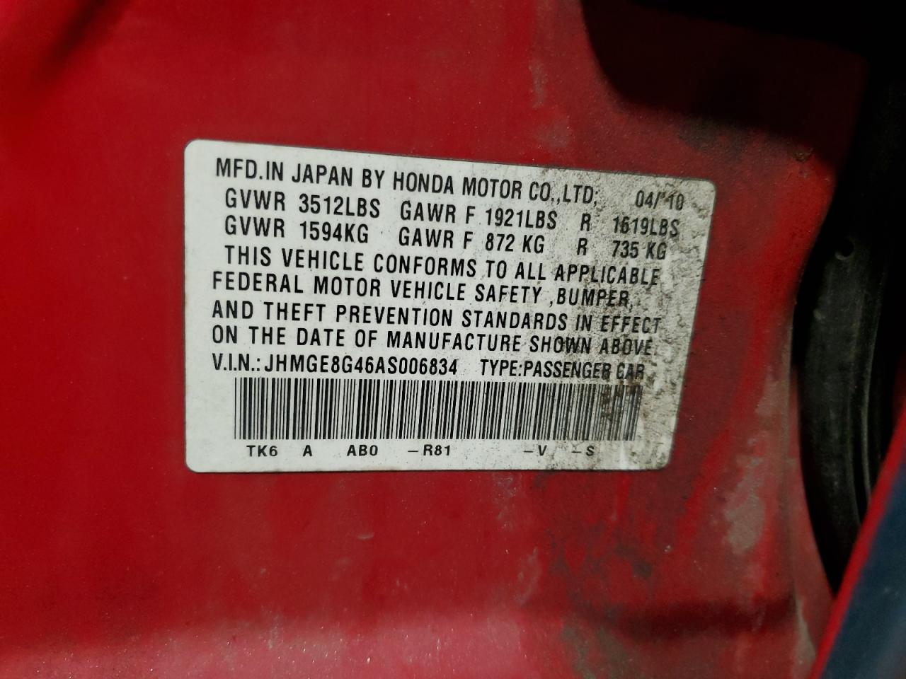 2010 Honda Fit Sport VIN: JHMGE8G46AS006834 Lot: 58481645