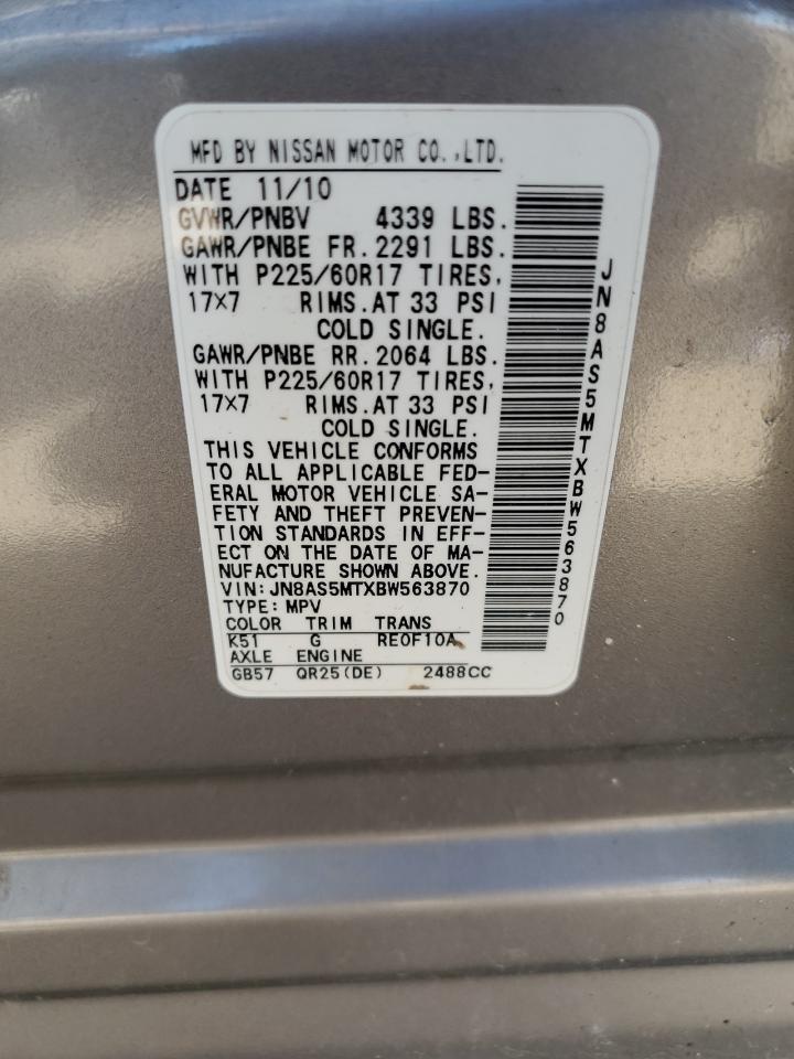 2011 Nissan Rogue S VIN: JN8AS5MTXBW563870 Lot: 56888675