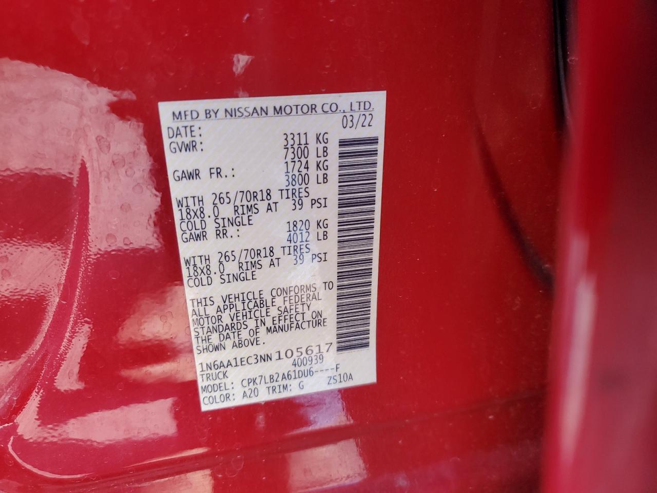 2022 Nissan Titan S VIN: 1N6AA1EC3NN105617 Lot: 57838585