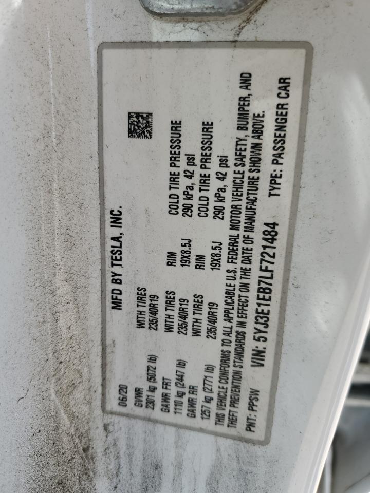 2020 Tesla Model 3 VIN: 5YJ3E1EB7LF721484 Lot: 57284835