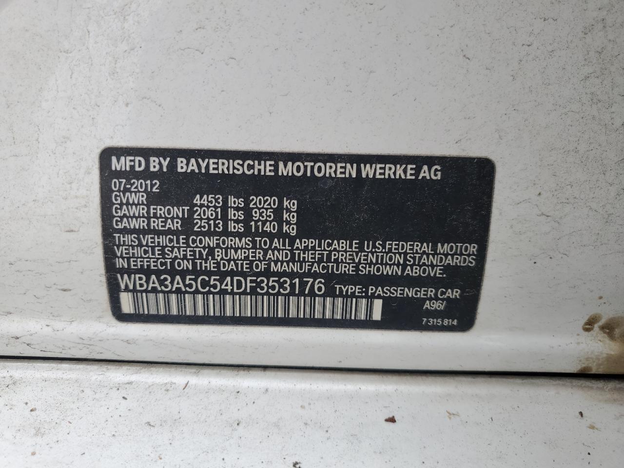 2013 BMW 328 I VIN: WBA3A5C54DF353176 Lot: 53448335