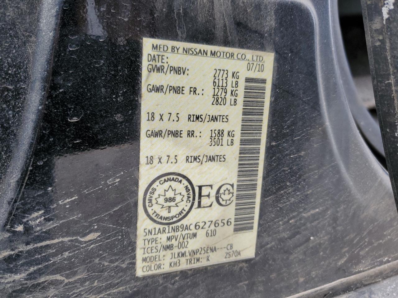 2010 Nissan Pathfinder S VIN: 5N1AR1NB9AC627656 Lot: 54827285