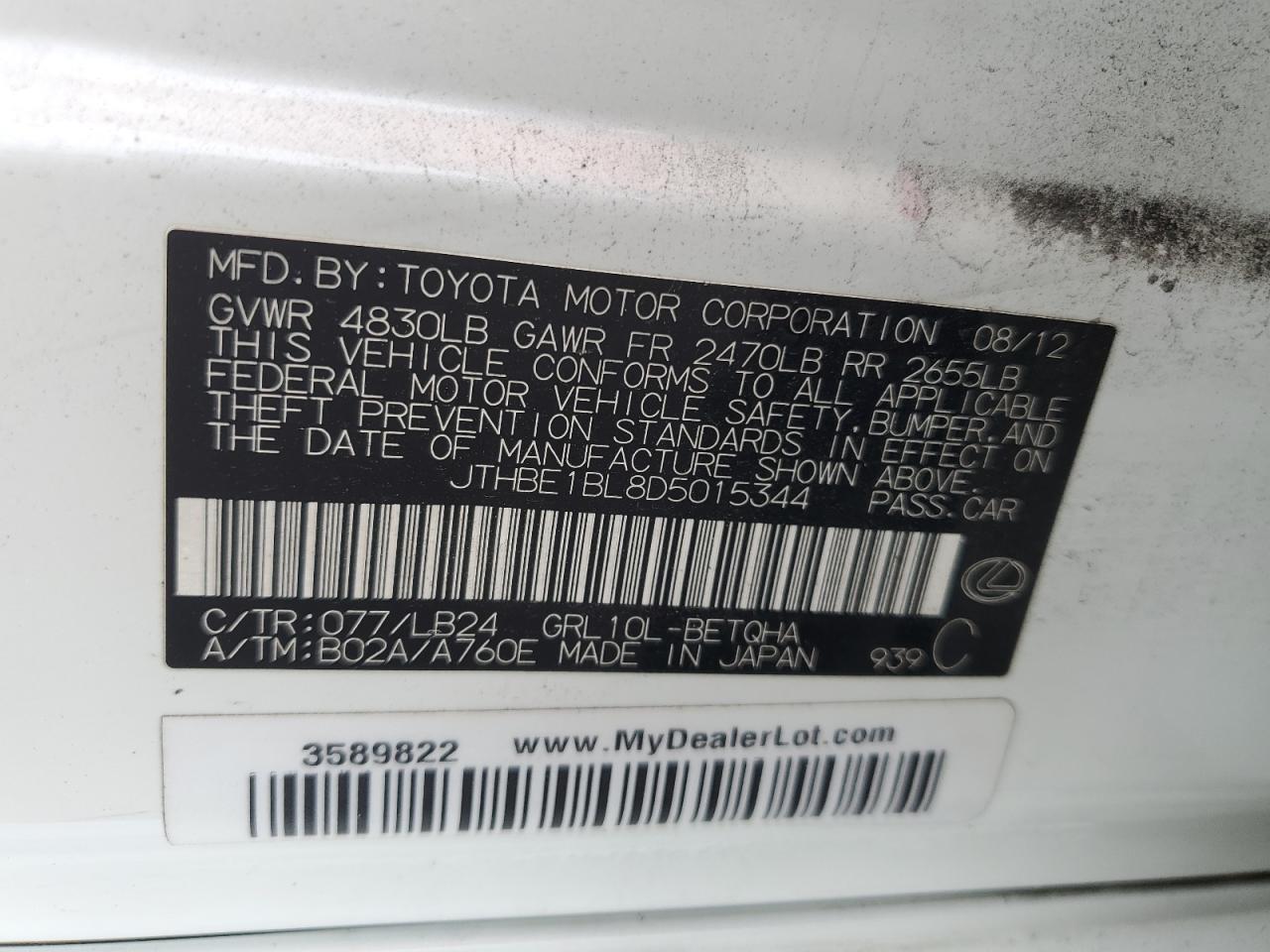 2013 Lexus Gs 350 VIN: JTHBE1BL8D5015344 Lot: 56257925