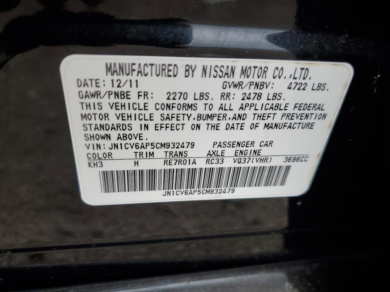 2012 Infiniti G37 Base VIN: JN1CV6AP5CM932479 Lot: 55269005