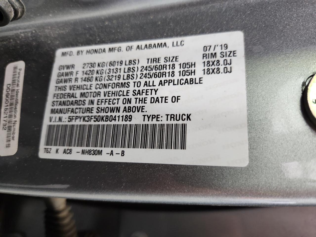 2019 Honda Ridgeline Rtl VIN: 5FPYK3F50KB041189 Lot: 57905865