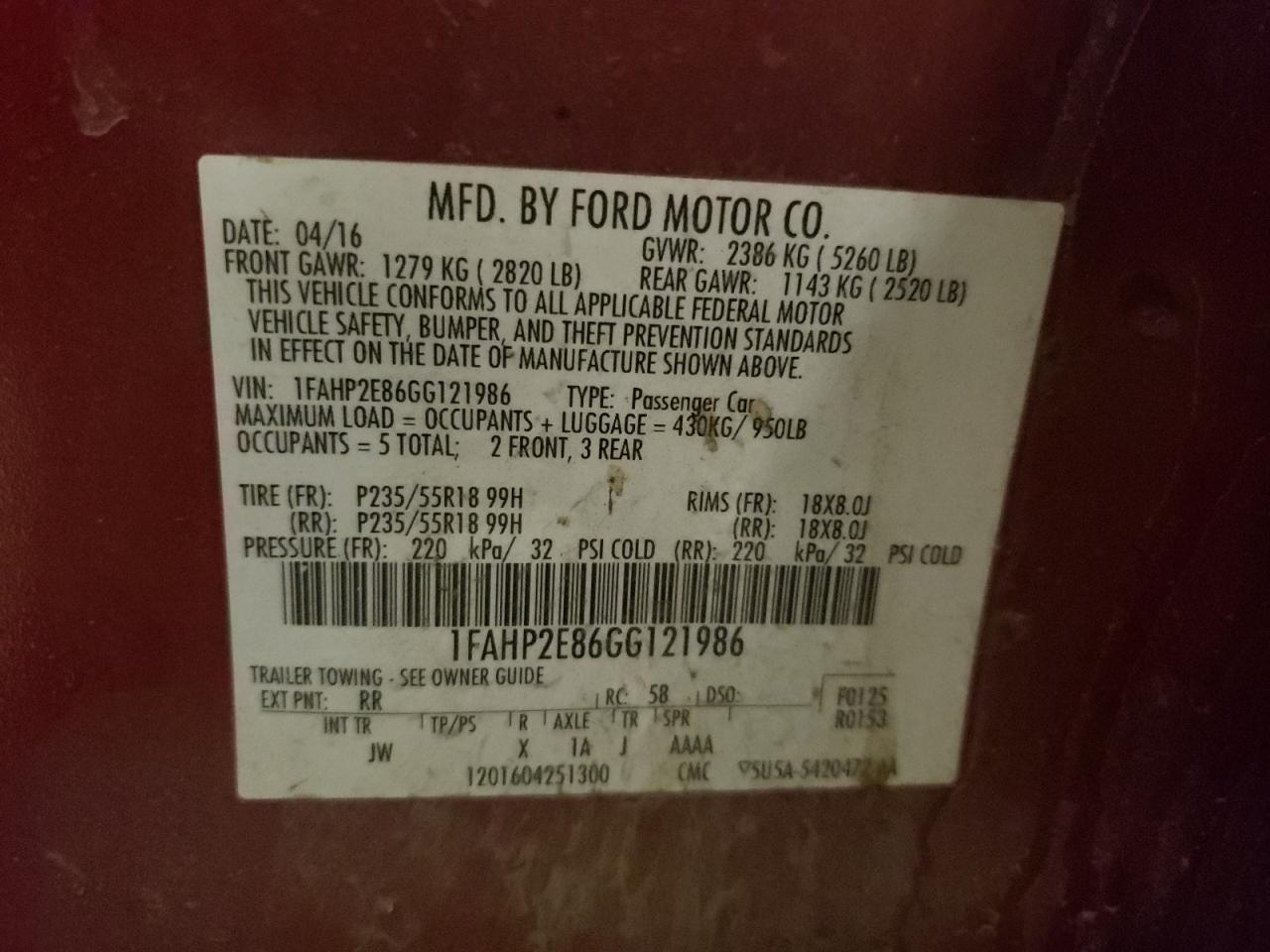 2016 Ford Taurus Sel VIN: 1FAHP2E86GG121986 Lot: 57674065