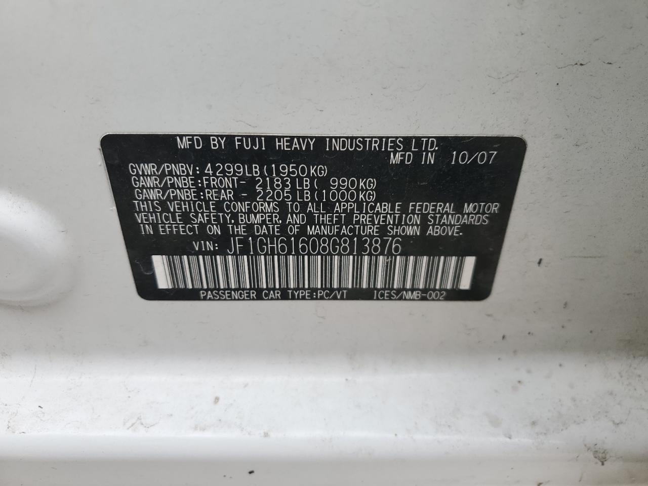 2008 Subaru Impreza 2.5I VIN: JF1GH61608G813876 Lot: 56538615