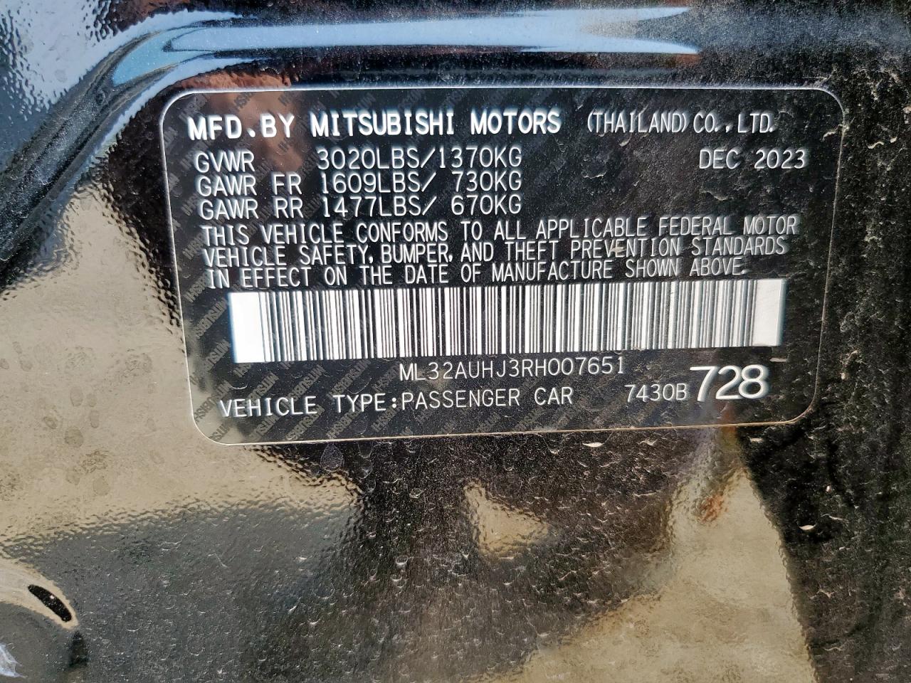 2024 Mitsubishi Mirage Es VIN: ML32AUHJ3RH007651 Lot: 56637075