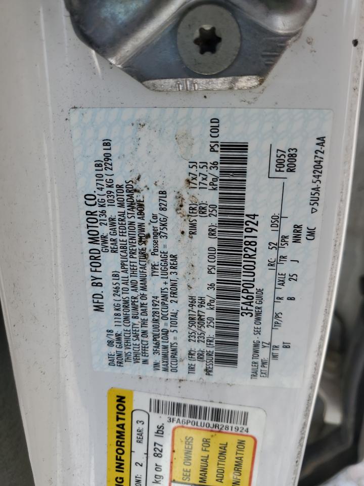 2018 Ford Fusion Se Hybrid VIN: 3FA6P0LU0JR281924 Lot: 56527885