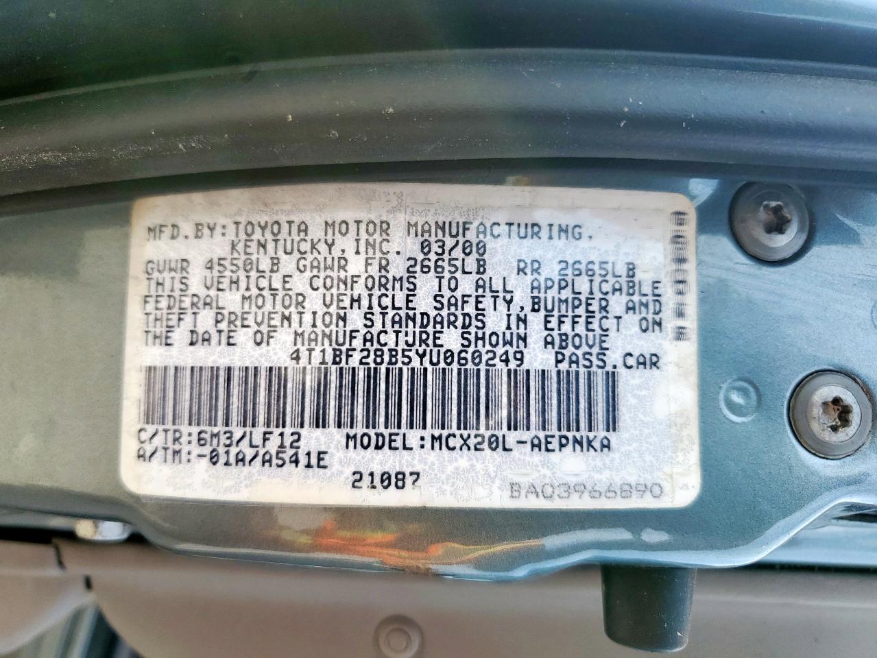 2000 Toyota Avalon Xl VIN: 4T1BF28B5YU060249 Lot: 57162955