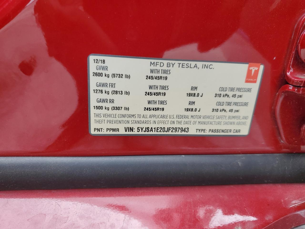 2018 Tesla Model S VIN: 5YJSA1E20JF297943 Lot: 52164325