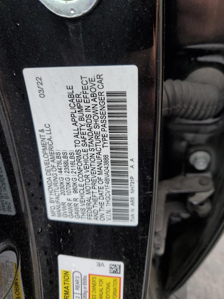 2022 Honda Accord Sport Se VIN: 1HGCV1F48NA043888 Lot: 56769825