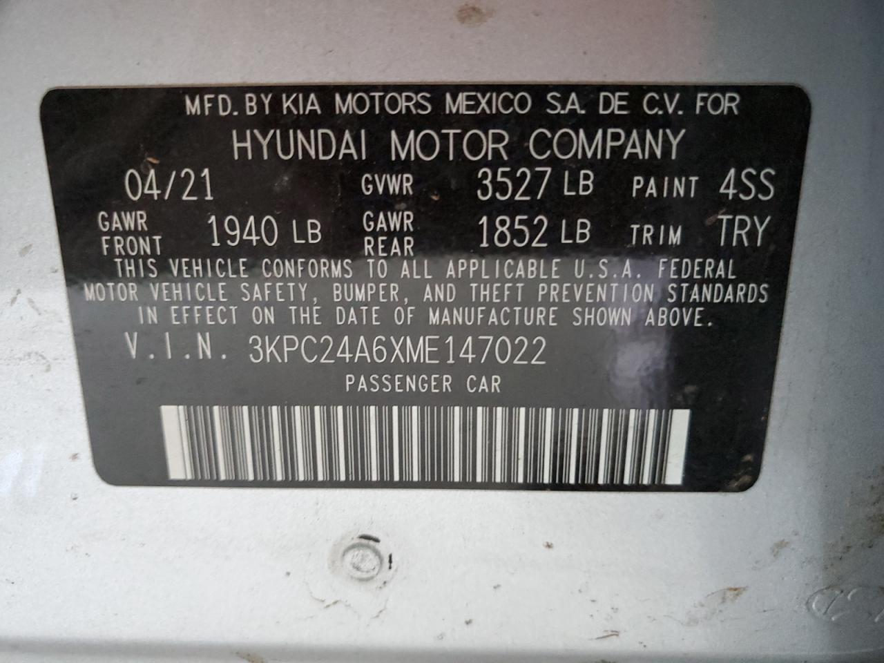 2021 Hyundai Accent Se VIN: 3KPC24A6XME147022 Lot: 56968785