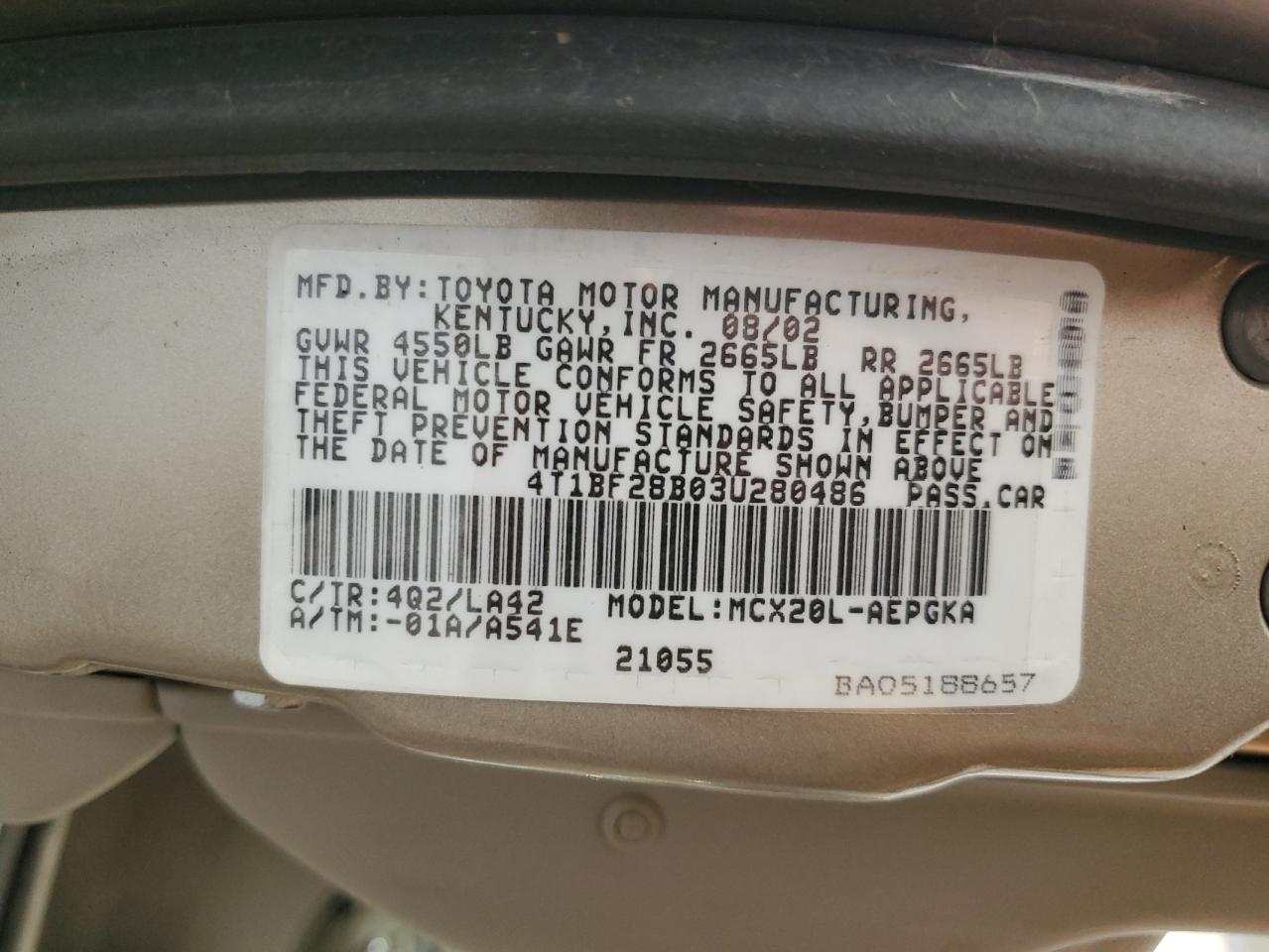 2003 Toyota Avalon Xl VIN: 4T1BF28B03U280486 Lot: 57152935