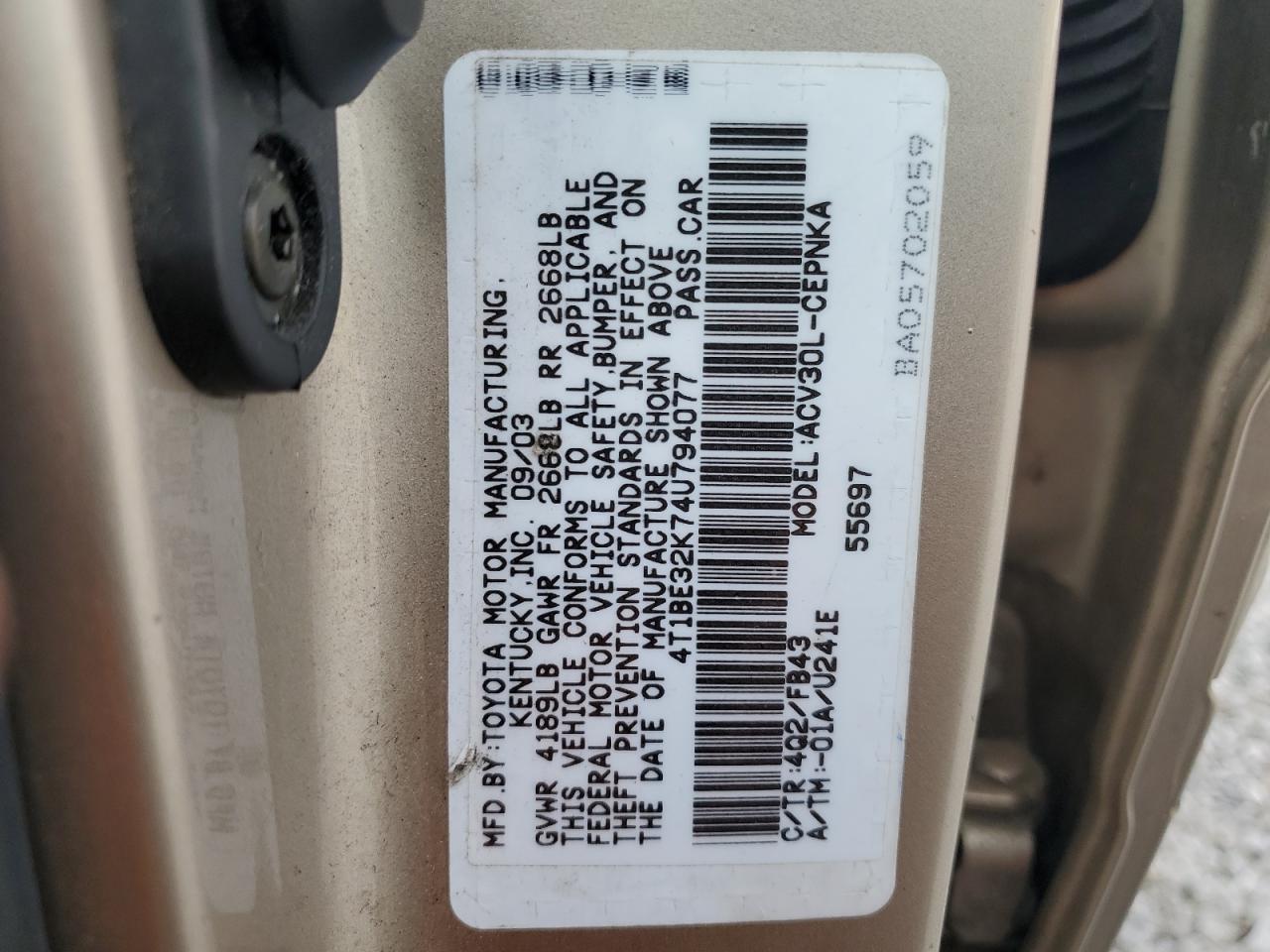 2004 Toyota Camry Le VIN: 4T1BE32K74U794077 Lot: 55797585