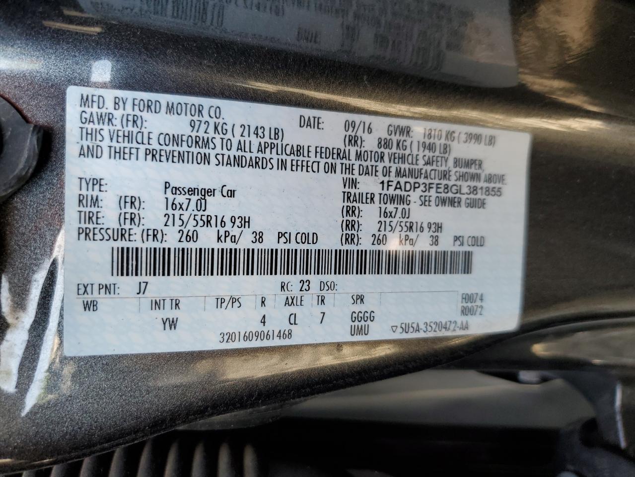2016 Ford Focus Se VIN: 1FADP3FE8GL381855 Lot: 57366645