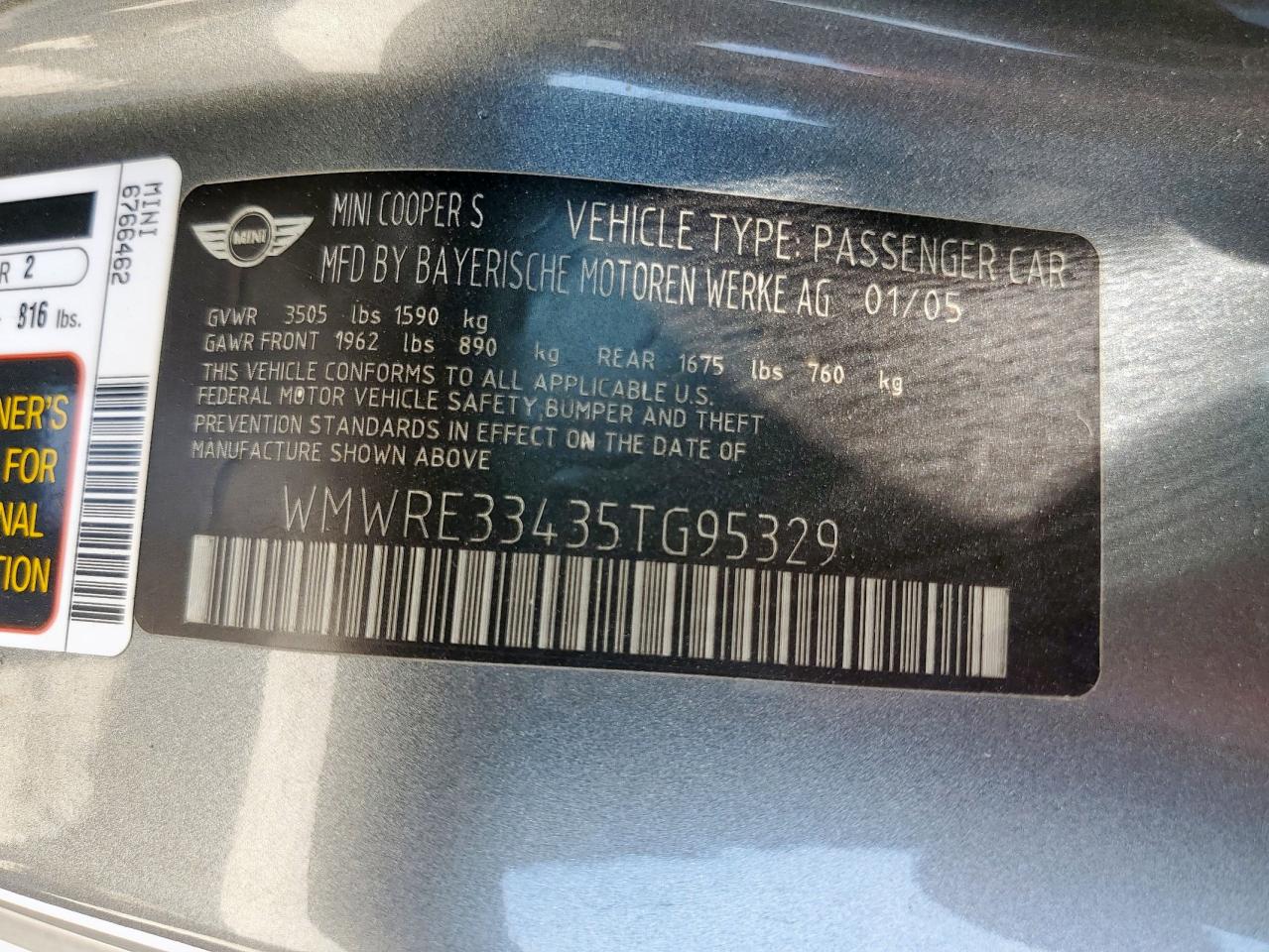 2005 Mini Cooper S VIN: WMWRE33435TG95329 Lot: 56890015