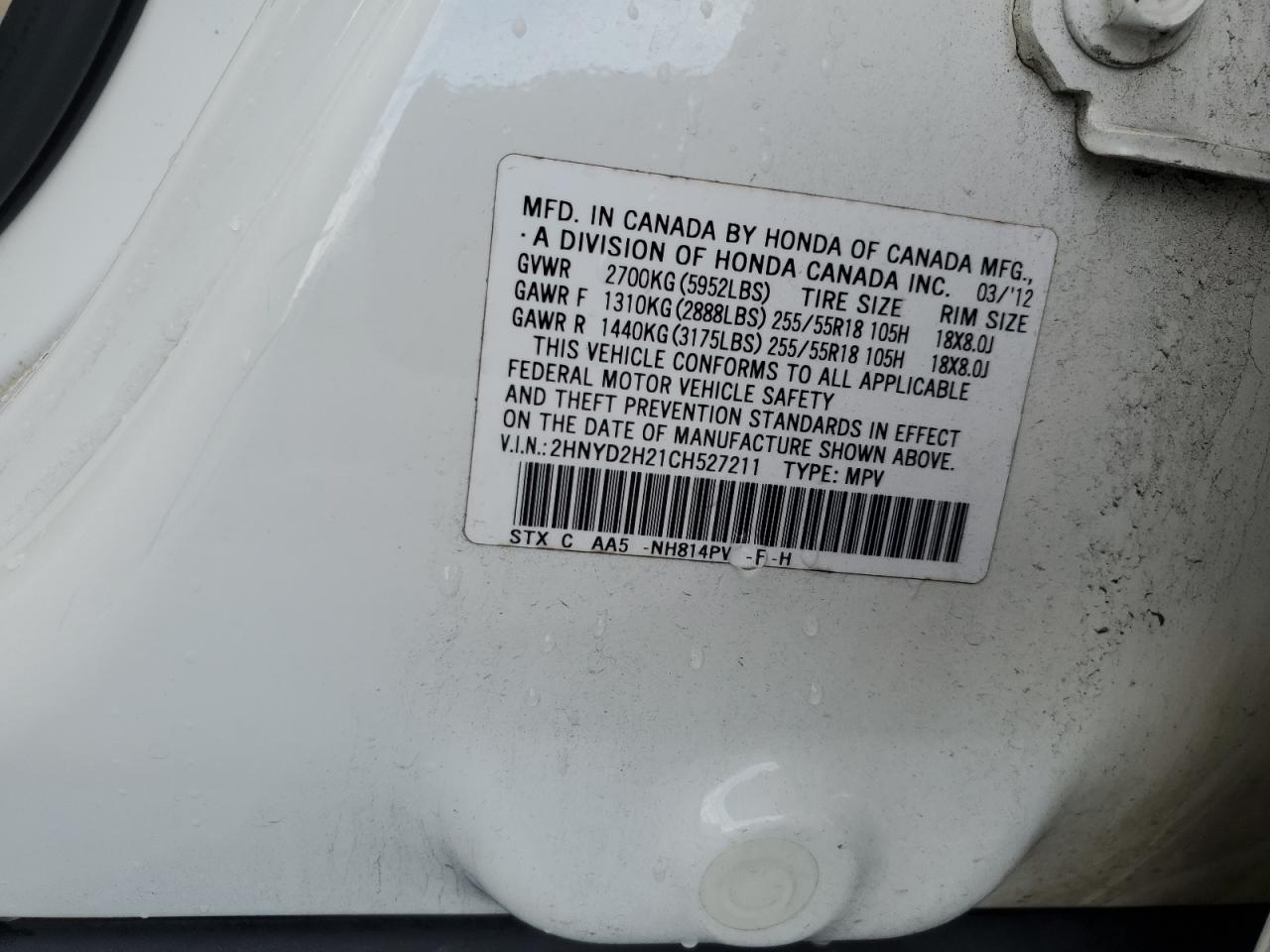 2012 Acura Mdx VIN: 2HNYD2H21CH527211 Lot: 52812365