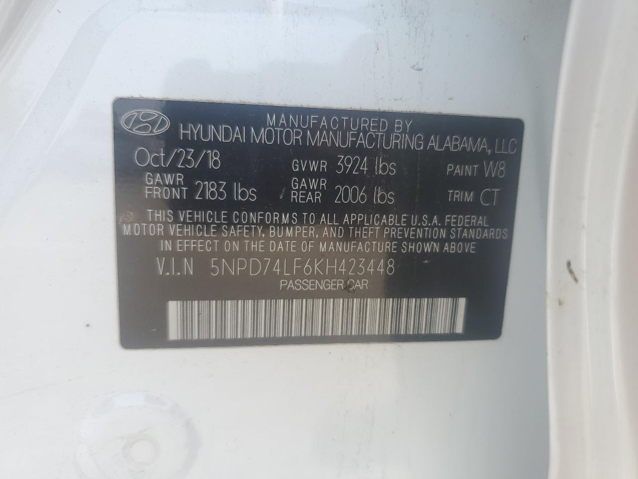 2019 Hyundai Elantra Se VIN: 5NPD74LF6KH423448 Lot: 57135455