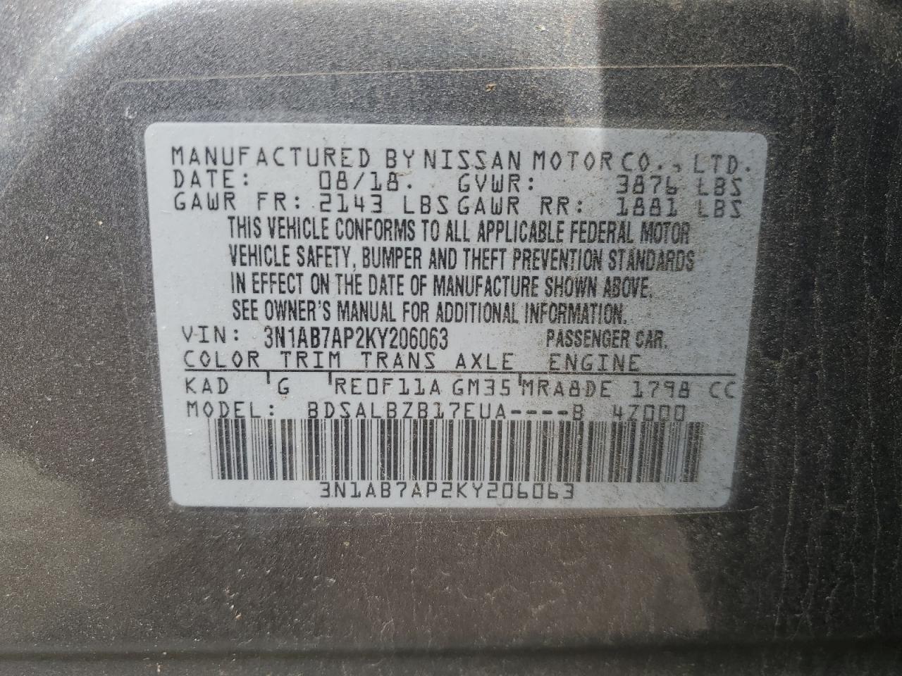 2019 Nissan Sentra S VIN: 3N1AB7AP2KY206063 Lot: 56670125