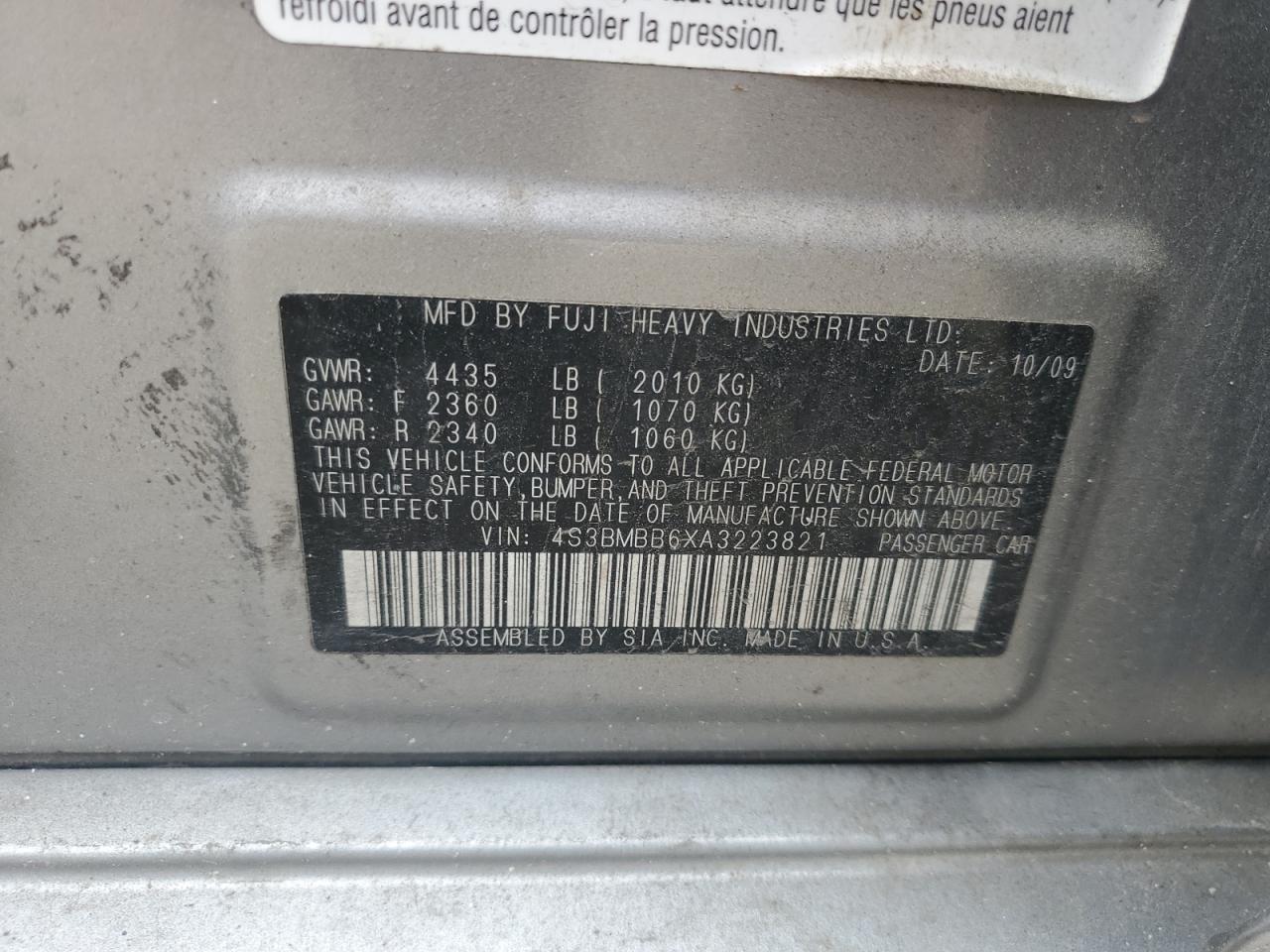 2010 Subaru Legacy 2.5I Premium VIN: 4S3BMBB6XA3223821 Lot: 56006595