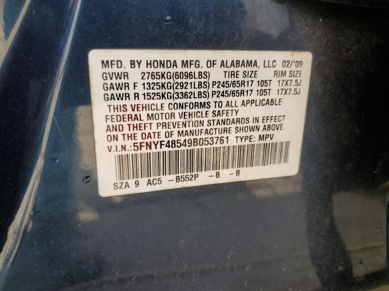 2009 Honda Pilot Exl VIN: 5FNYF48549B053761 Lot: 57046975