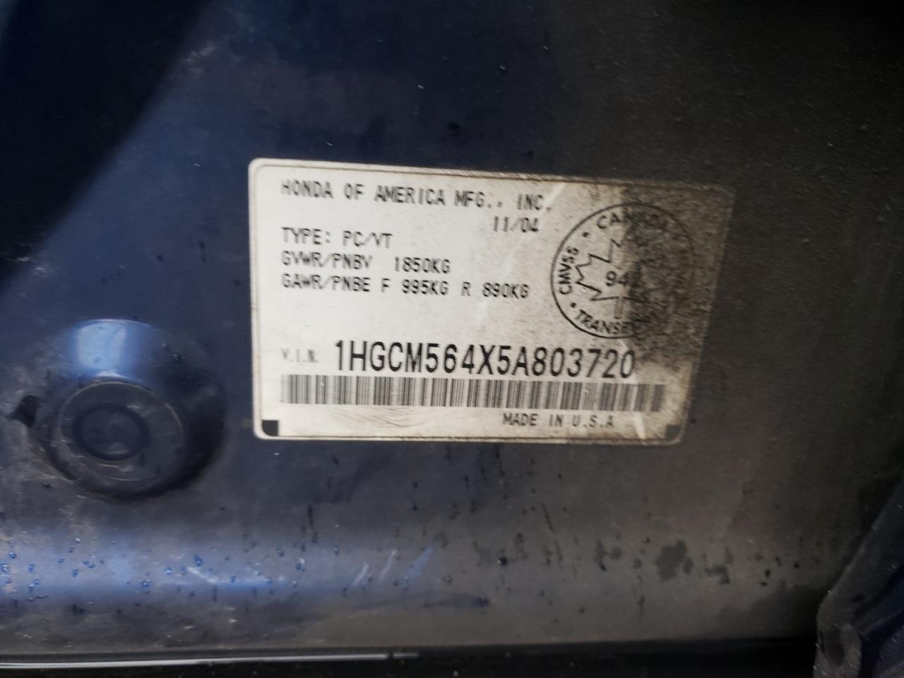 2005 Honda Accord Lx VIN: 1HGCM564X5A803720 Lot: 56923435