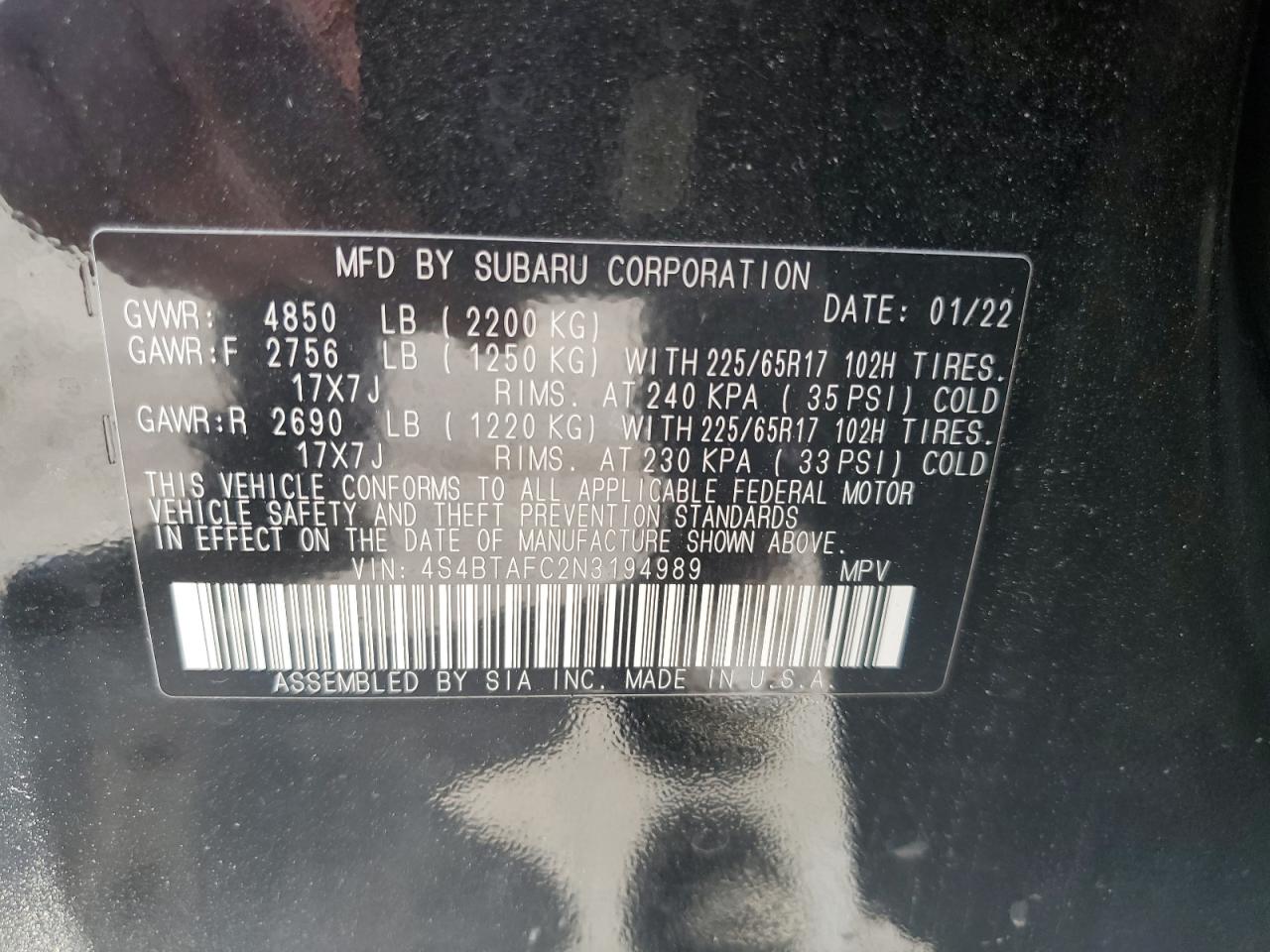 2022 Subaru Outback Premium VIN: 4S4BTAFC2N3194989 Lot: 55857515