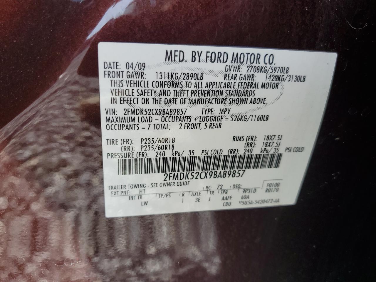 2009 Ford Flex Sel VIN: 2FMDK52CX9BA89857 Lot: 55675415