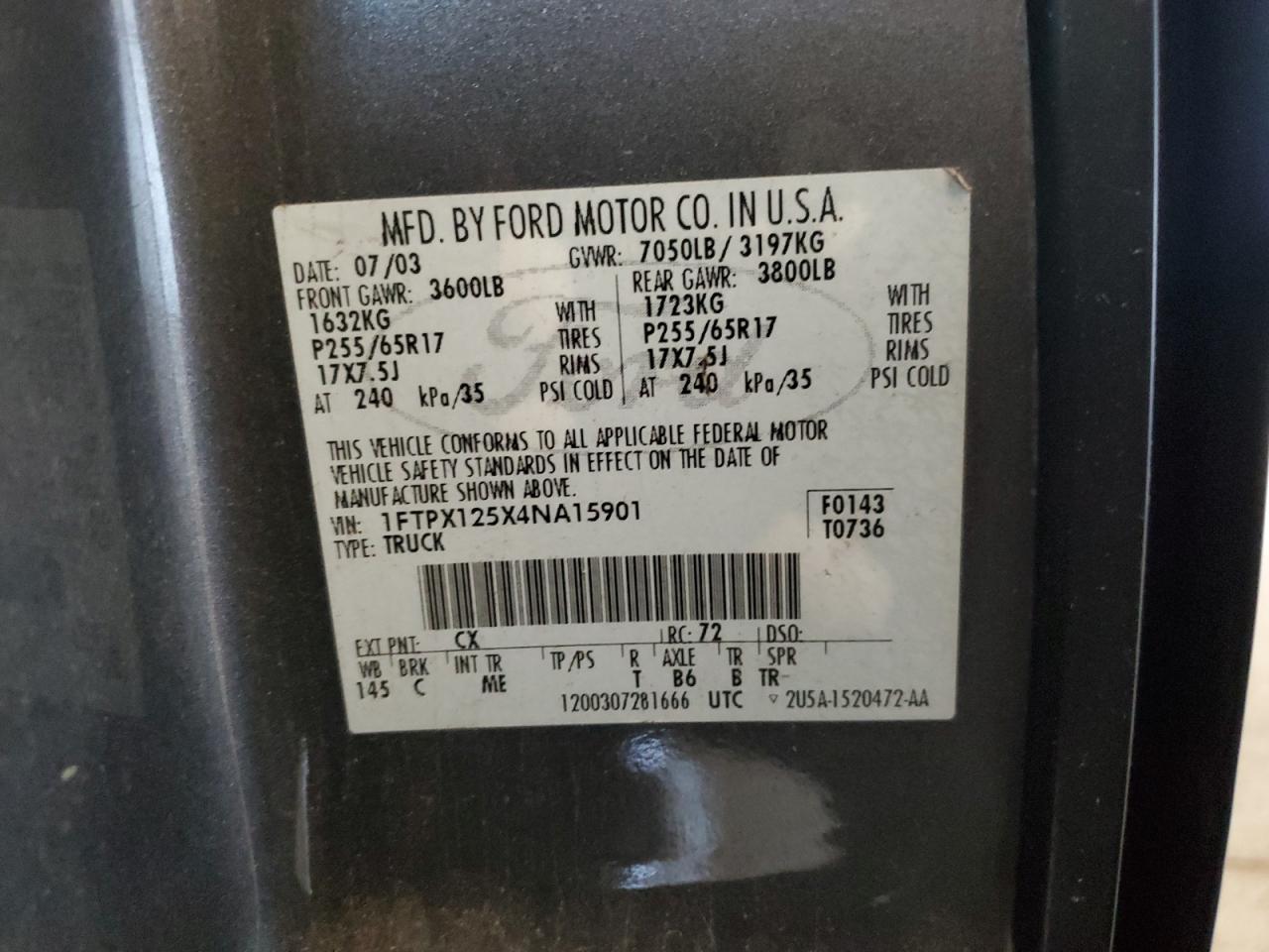 2004 Ford F150 VIN: 1FTPX125X4NA15901 Lot: 57329635