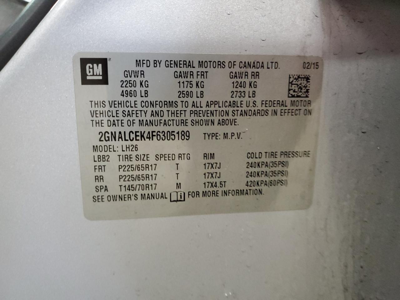2015 Chevrolet Equinox Lt VIN: 2GNALCEK4F6305189 Lot: 57130325
