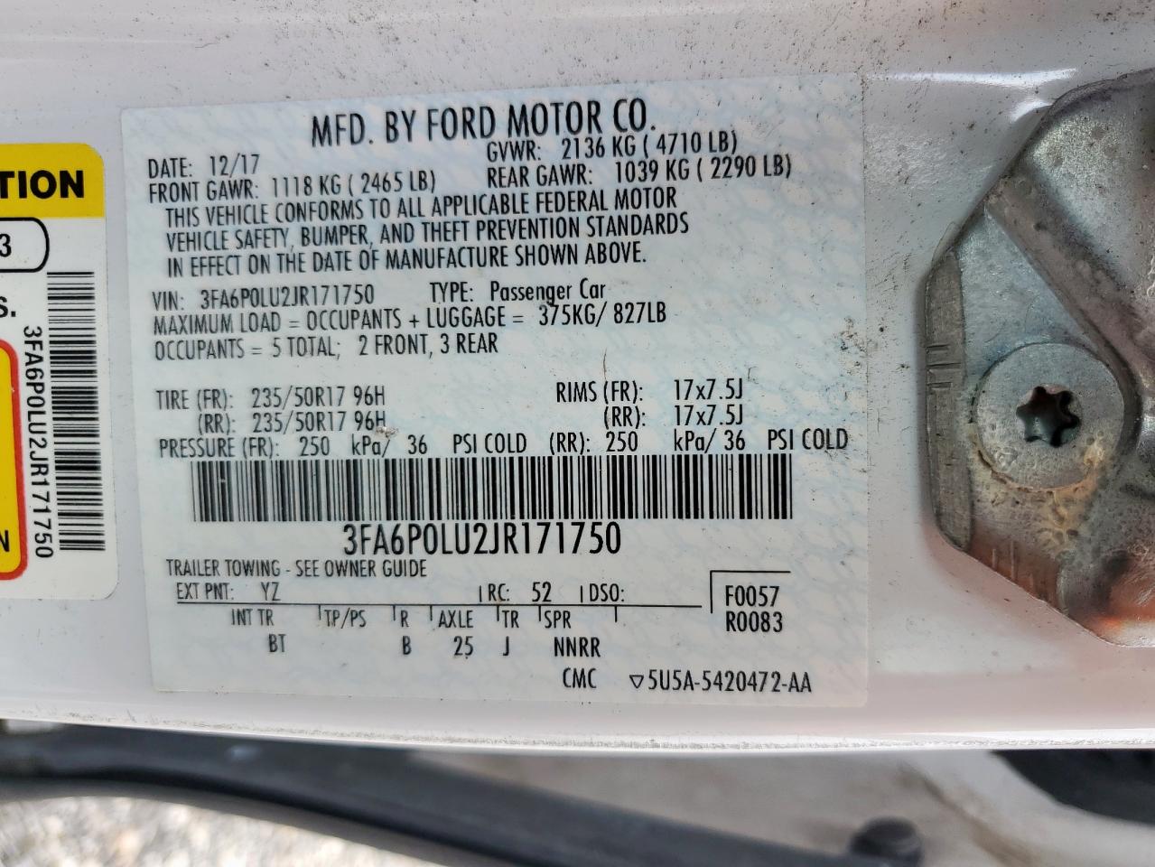 2018 Ford Fusion Se Hybrid VIN: 3FA6P0LU2JR171750 Lot: 54035125