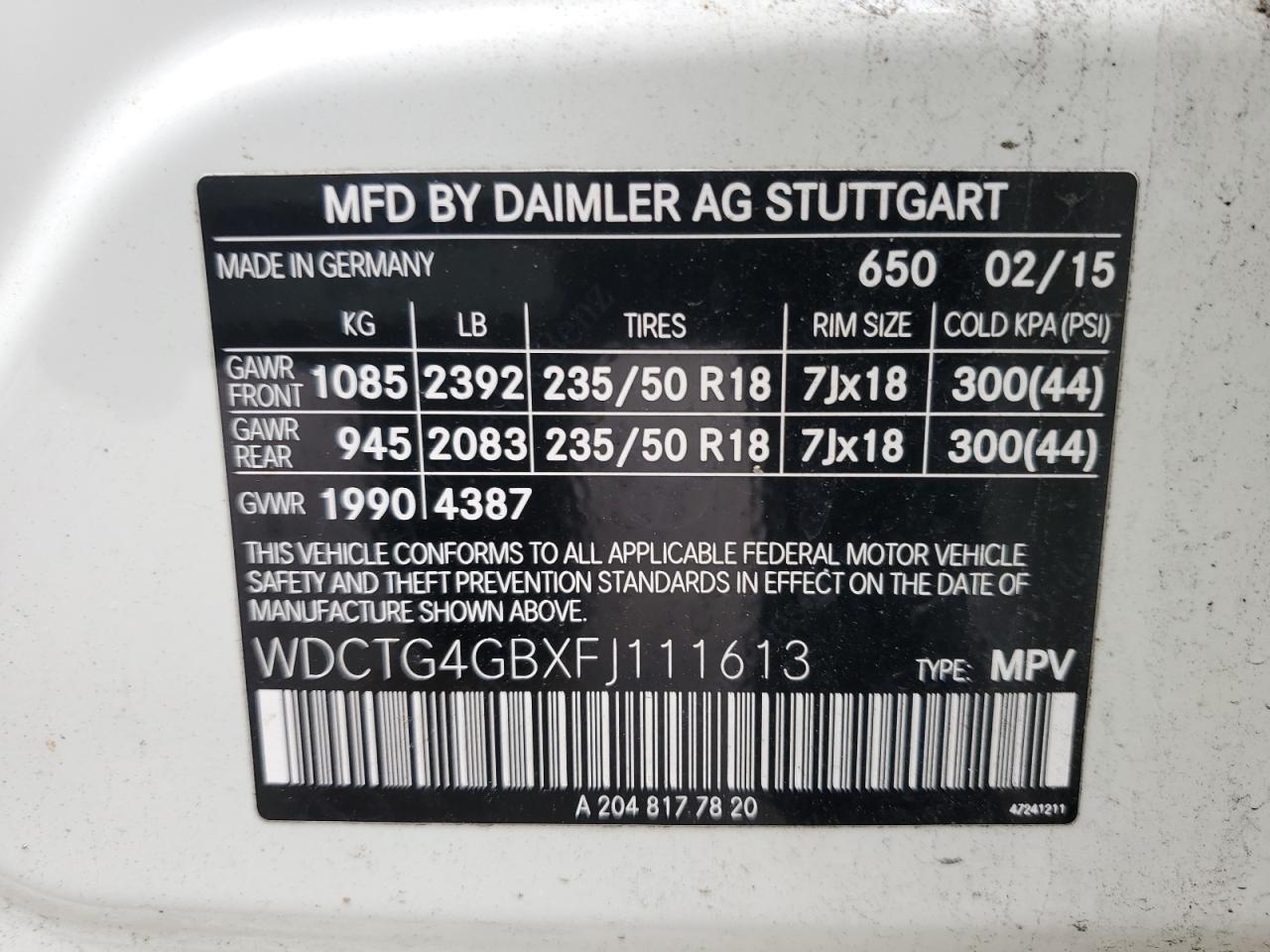 2015 Mercedes-Benz Gla 250 4Matic VIN: WDCTG4GBXFJ111613 Lot: 59086105