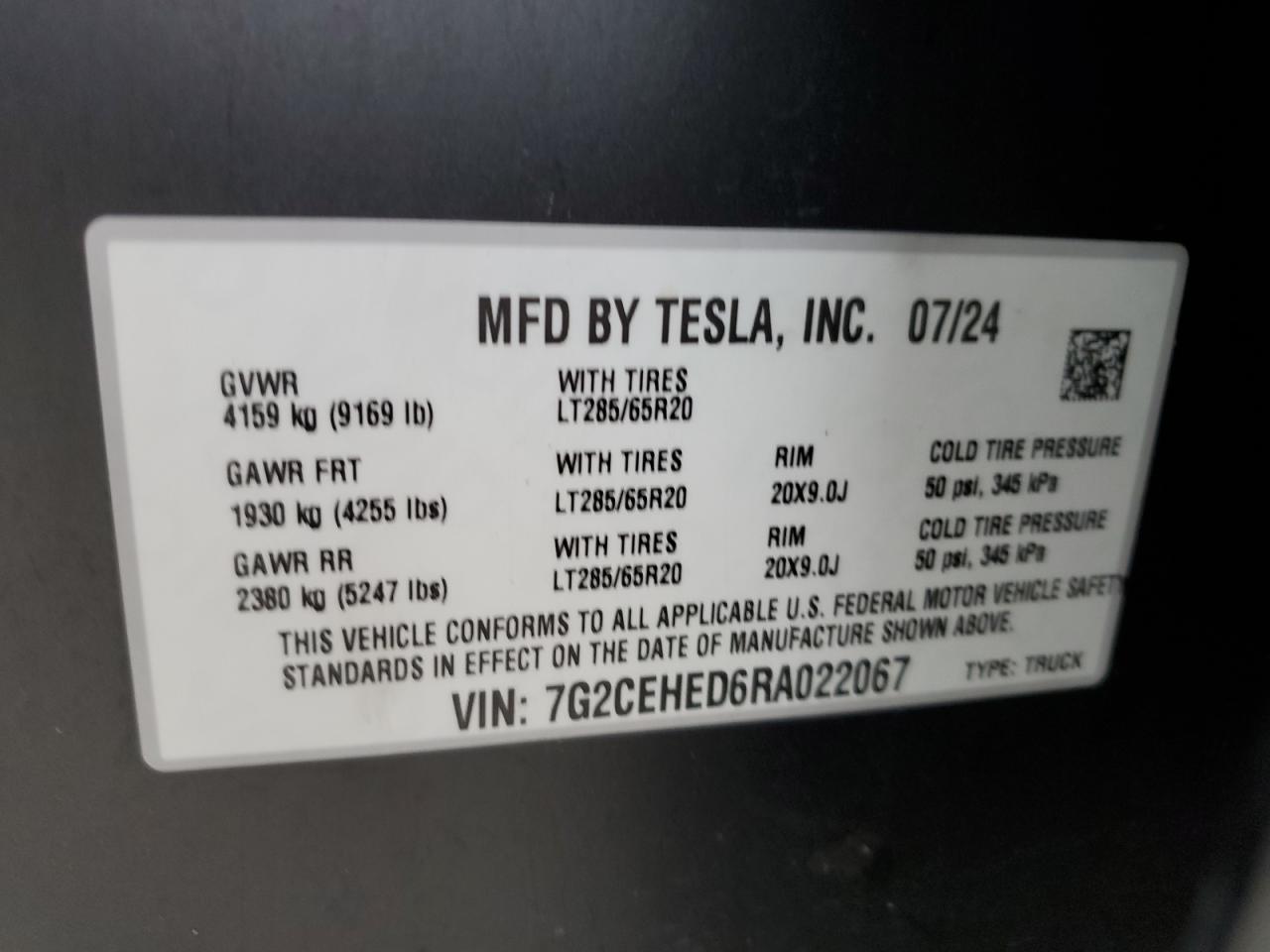 2024 Tesla Cybertruck VIN: 7G2CEHED6RA022067 Lot: 55996705